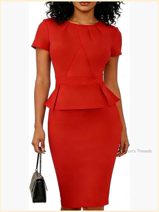 Dresses & Skirts - Elegant Midi Pencil Bodycon Dress Short Sleeve Peplum for Work Cocktail Church